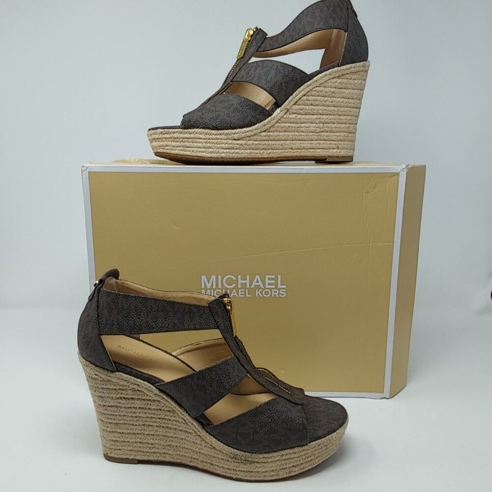 Michael Kors Sandals Womens 7.5 38 Brown Damita Logo Zip Espadrille Wedge Shoes